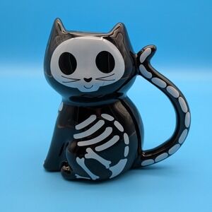Sunday Morning Ceramics Skeleton Black Cat Halloween Shaped Mug